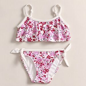Snapper Rock Floral Flounce Bikini Swimsuit Beach Pool Vacation Trip Red Pink 3T